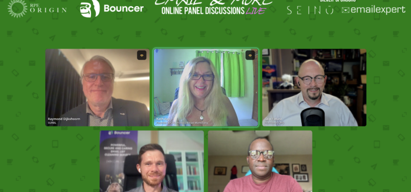 screenshot of Email & More S05E06 Deliverability - In Readiness for Holiday Season with moderator Skip Fidura, and panellists Kath Pay, Udeme Ukutt, Radek Kacynski, and Raymond Rijkxhoorn