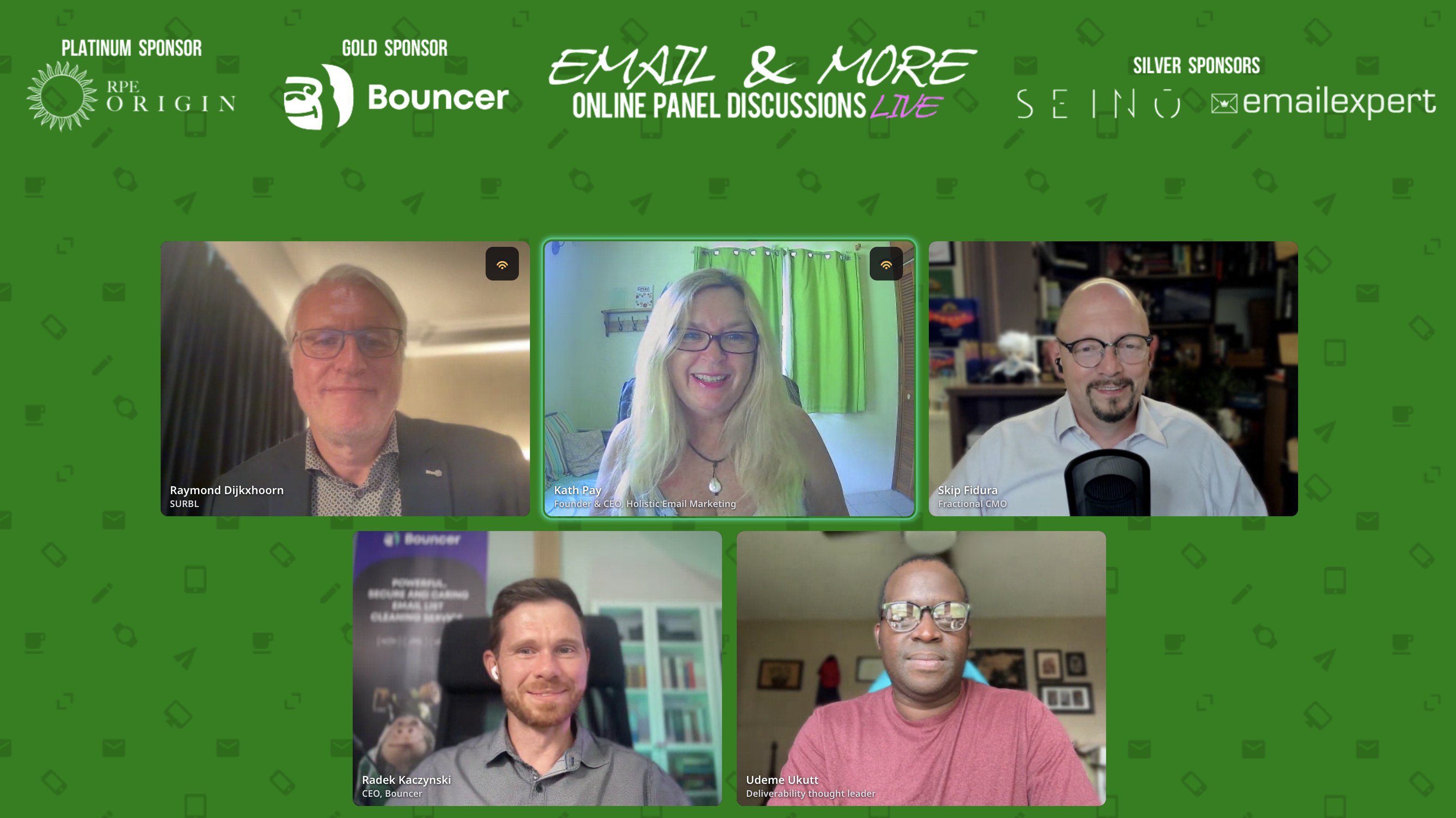 screenshot of Email & More S05E06 Deliverability - In Readiness for Holiday Season with moderator Skip Fidura, and panellists Kath Pay, Udeme Ukutt, Radek Kacynski, and Raymond Rijkxhoorn